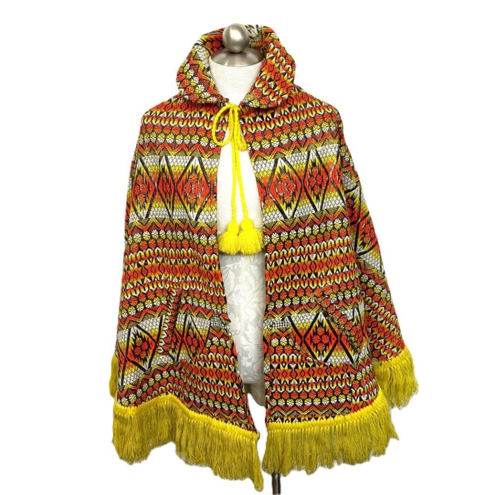 70’s Bright Orange Gold Metallic Hippie Boho Poncho Handcrafted Vtg Collectible - Picture 2 of 11